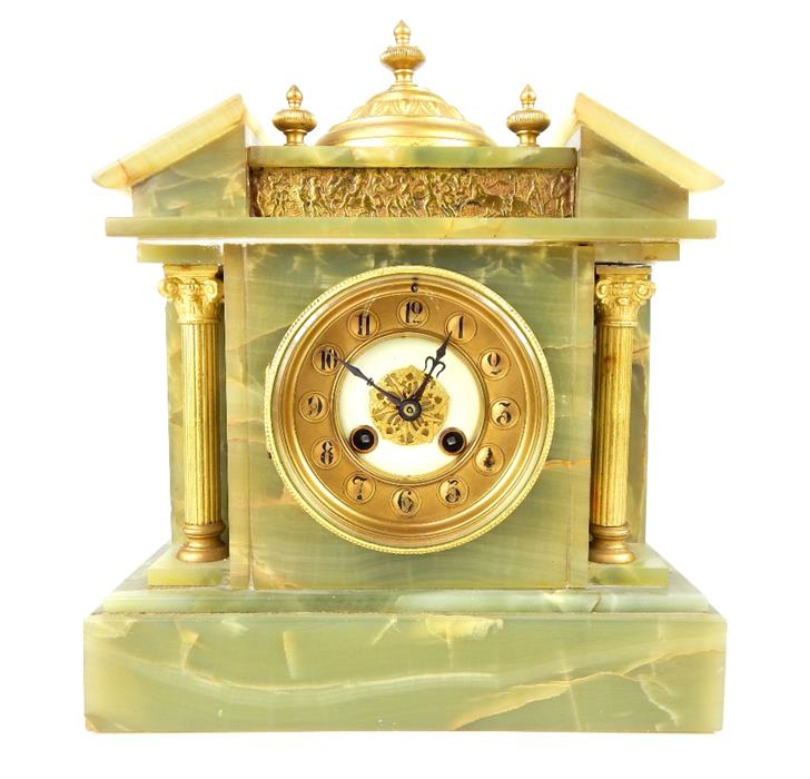 French style green marble & onyx mantle clock of architectural form, brass dome finial, brass - Image 9 of 12