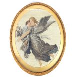 A 19th century oval Berlin woolwork panel, embroidered with a pair of angels, in an oval gilt frame,