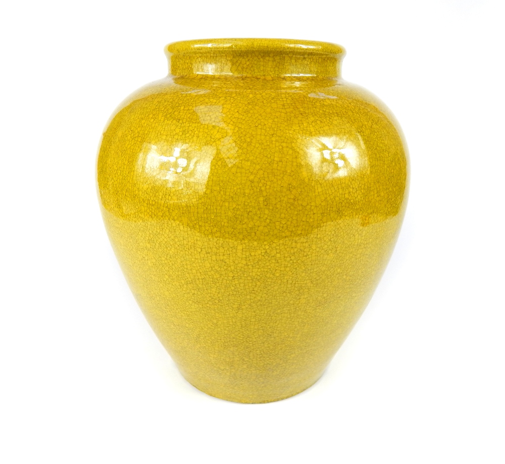 Chinese crackle glaze Meiping shape vase, yellow green body, 25cm h