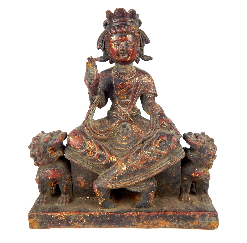 Chinese gilded cast iron statue of Guanyin, seated upon a plinth & guarded by two temple lions, - Image 5 of 12