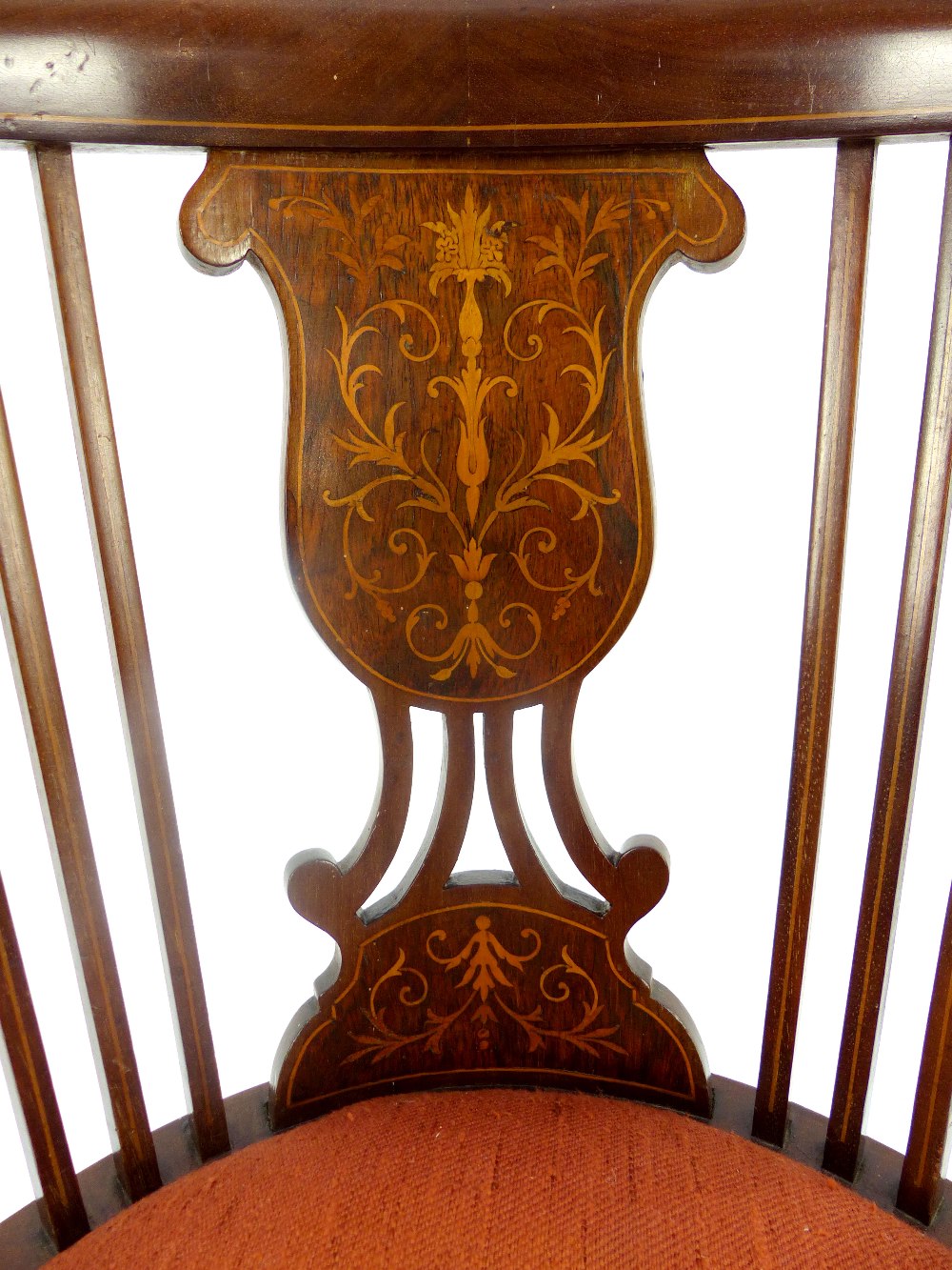 An Edwardian inlaid mahogany corner chair, raised on turned supports terminating in pad feet - Image 2 of 4