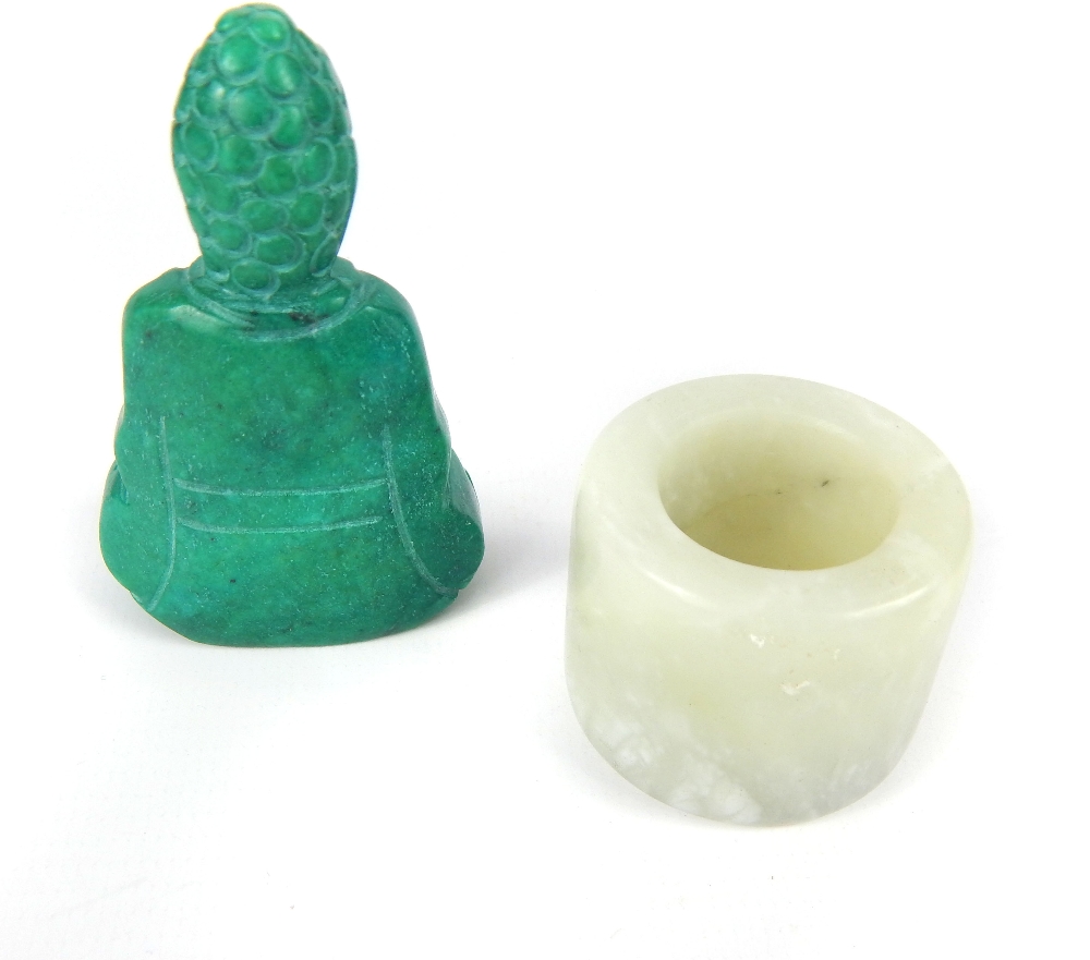 Chinese jade pendant, carving of Buddha holding an orb, 6.1cm h, and a jade Archer's ring (2) - Image 2 of 2