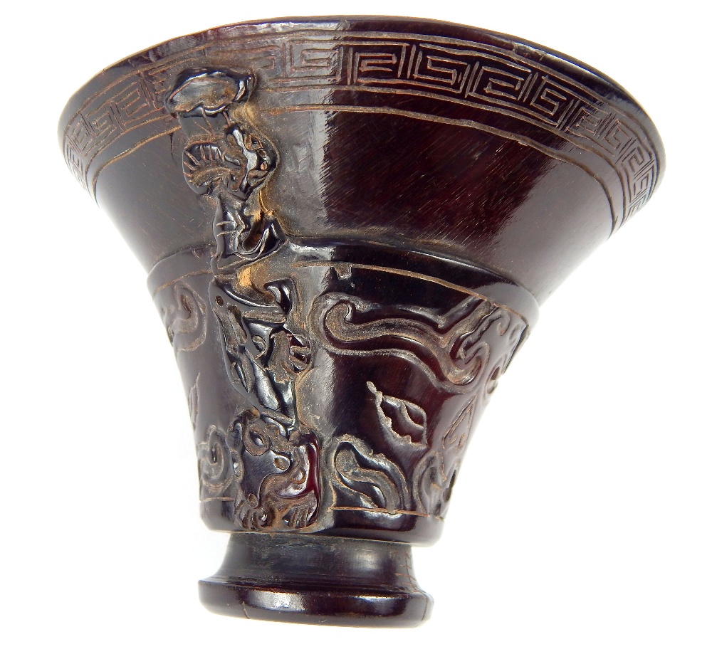 Chinese carved horn libation cup, decorated with carvings of mythical animals & foliage, 8.8x 12.2cm - Image 17 of 18