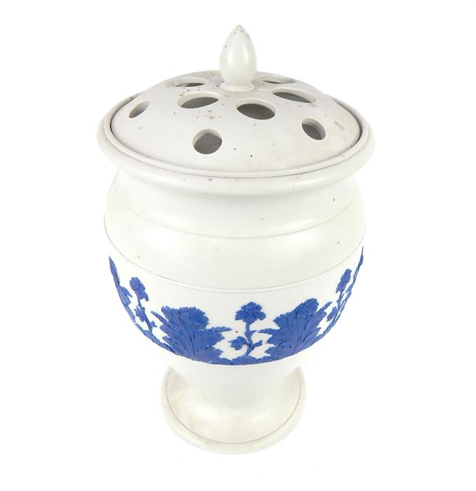 A 19th century white and blue Wedgwood Jasperware storage jar, floral decoration, 32cm high, bearing - Image 2 of 4