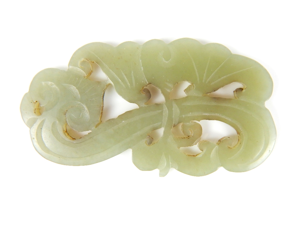 A carved Chinese jadeite jade Liangzhu pendant of a floral spray with incised detail decoration, 6cm - Image 8 of 8
