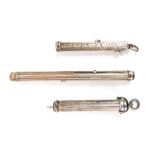 Silver propelling pen, Chester 1895 and two white metal pens one with ink dip nib, (3)