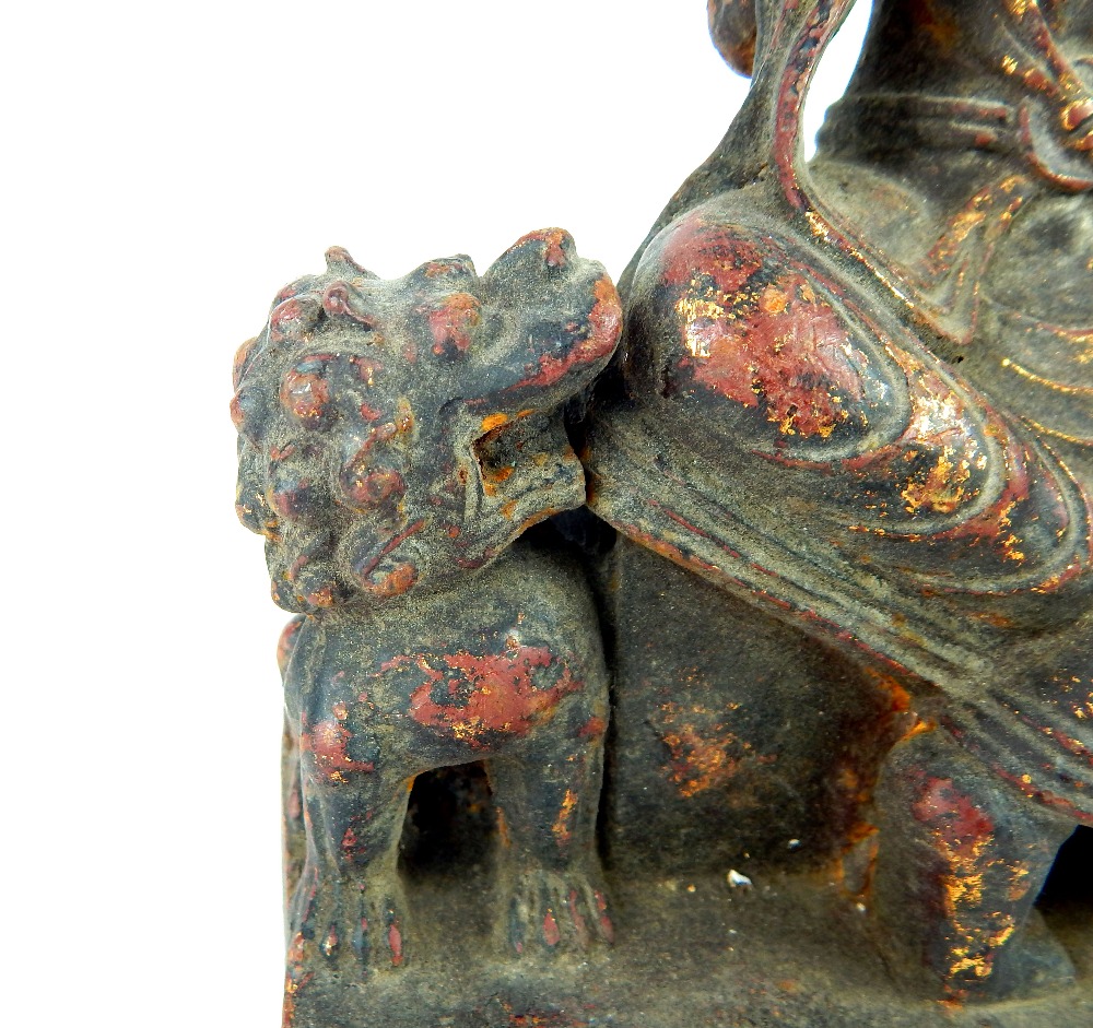 Chinese gilded cast iron statue of Guanyin, seated upon a plinth & guarded by two temple lions, - Image 3 of 12