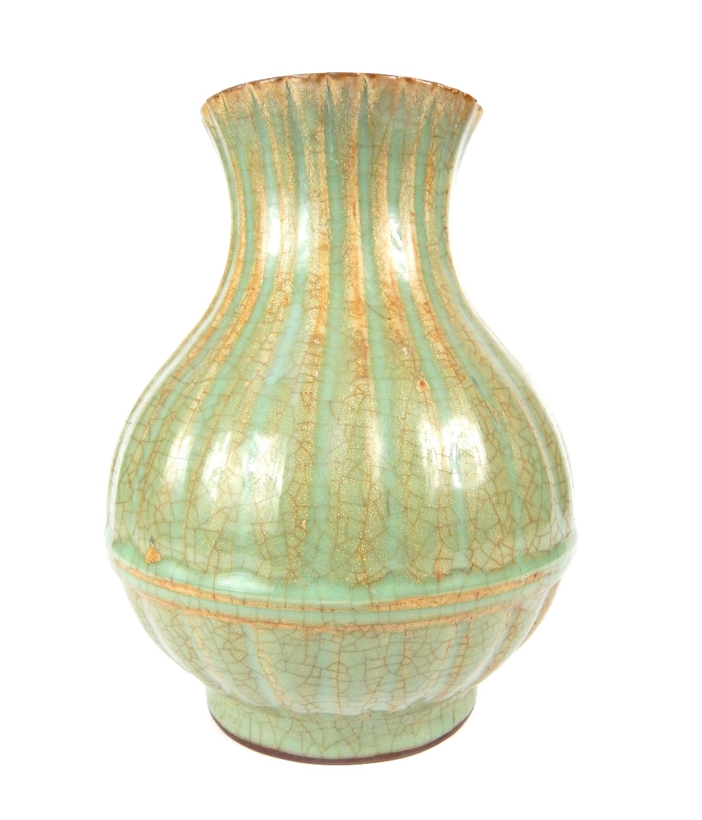 Chinese crackle glaze vase, pale green ribbed body, 24cm h