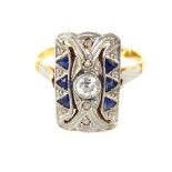 French Art Deco style cocktail ring, sapphires & diamonds, unmarked 9ct gold mount