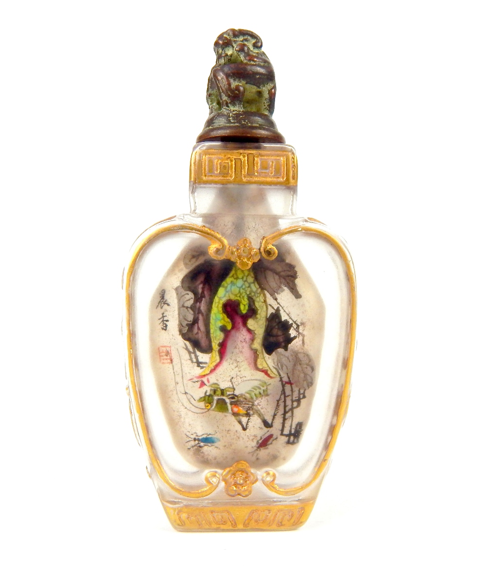 Chinese Peking glass snuff bottle of heart shape, mythical animal finial, floral gilding to the - Image 3 of 15