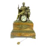 French 19thC figural mantle clock, bronze studies of an Italian man with staff and his aide, set