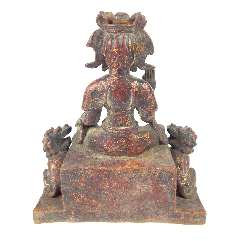 Chinese gilded cast iron statue of Guanyin, seated upon a plinth & guarded by two temple lions, - Image 4 of 12