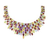 Contemporary designer choker necklace, multi stone arrangement of amethyst, garnet, peridot, citrine