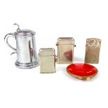 Smoking interest; Dunhill tankard table lighter, 9cm h, Parker 'compact' lighter, two Thorens