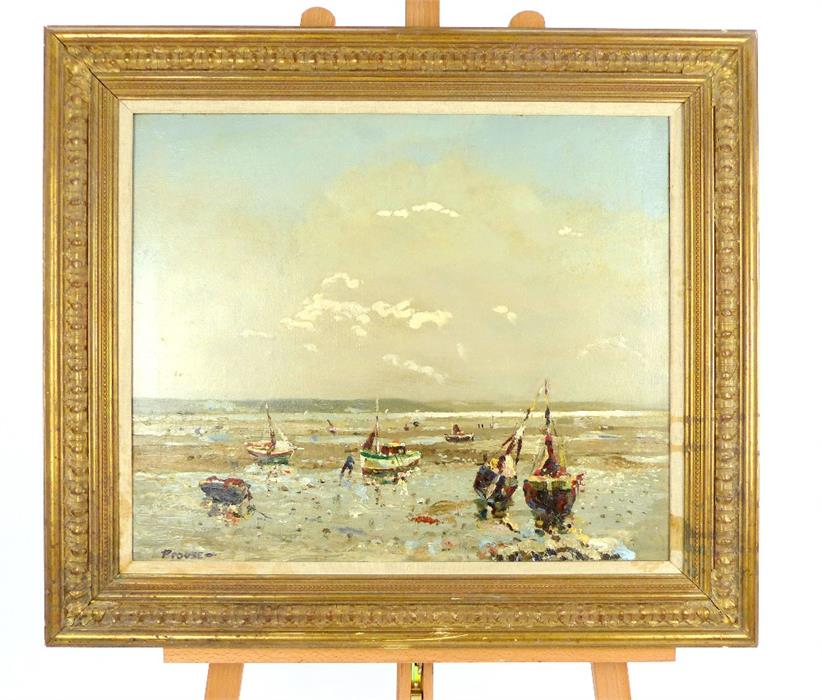 Oil painting of boats on the beach