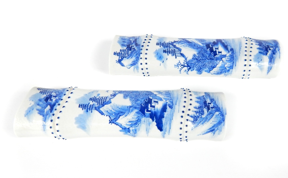 Pair of Chinese porcelain blue & white paperweights of faux bamboo form, with beads at the bamboo - Image 2 of 9