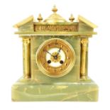 French style green marble & onyx mantle clock of architectural form, brass dome finial, brass