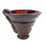 Chinese carved horn libation cup, decorated with carvings of mythical animals & foliage, 8.8x 12.2cm