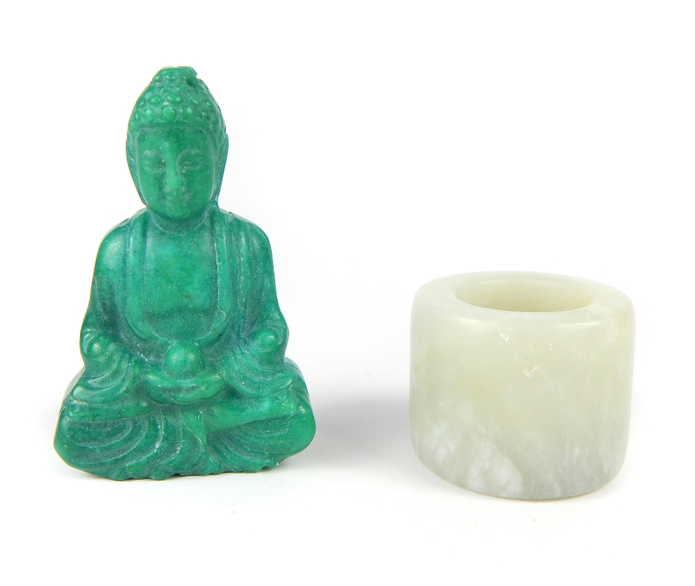 Chinese jade pendant, carving of Buddha holding an orb, 6.1cm h, and a jade Archer's ring (2)