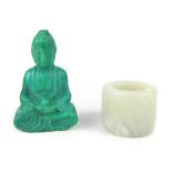 Chinese jade pendant, carving of Buddha holding an orb, 6.1cm h, and a jade Archer's ring (2)