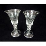 A pair of George VI Coronation commemorative glasses, of inverted bell shape, the knop stem