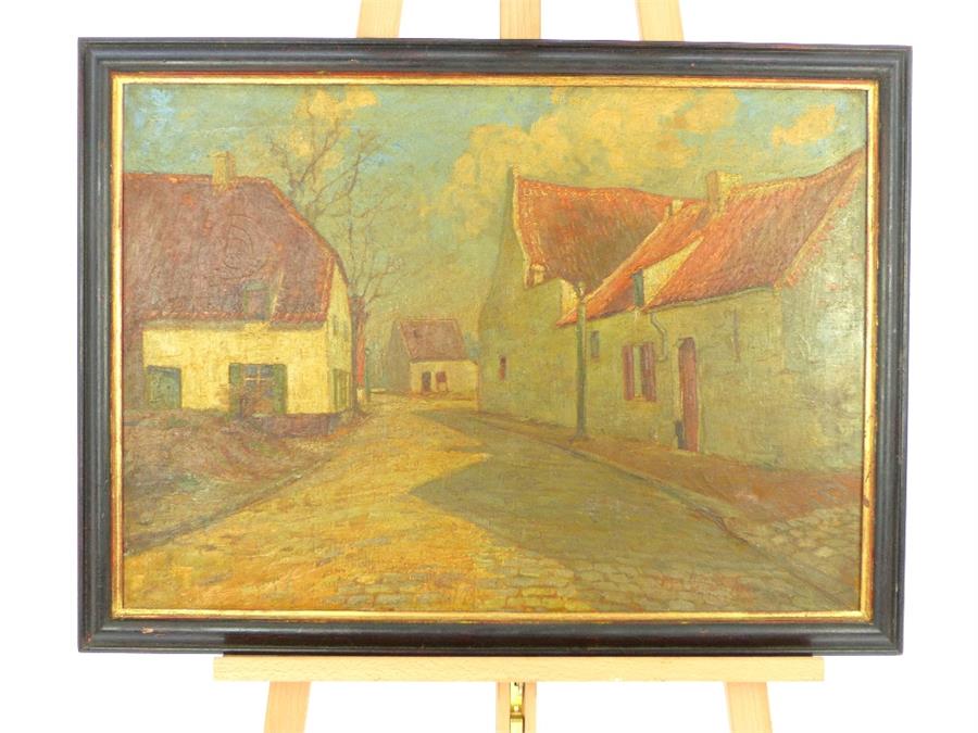 A large oil painting of a rustic village street