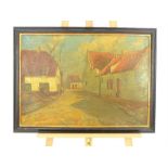 A large oil painting of a rustic village street