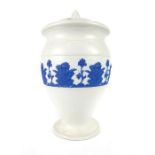 A 19th century white and blue Wedgwood Jasperware storage jar, floral decoration, 32cm high, bearing