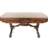 Italian style rosewood centre table, leaf ribbon carving to lip, two drawers with leaf carving &