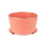 Chinese pink ceramic incense stick cauldron set on three legs, character tablet to base, 9.1x 13cm