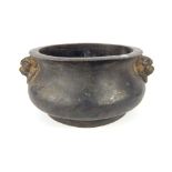 Chinese bronze censer, temple dog mask handles, impress stamp to base, approx 12.5cm dia