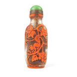Chinese Peking glass snuff bottle, clear glass with orange overlay decoration of a Squirrel