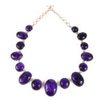 Designer necklace, cabochon amethyst, set in silver, largest approx 32mm