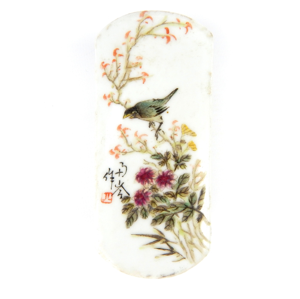 Chinese ceramic paperweight, bird in tree decoration with inscription, grill to flanks, void - Image 2 of 2