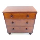 Victorian mahogany straightfront chest of three graduating drawers, bun handles & bun feet, 97x