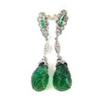 A pair of white gold diamond and carved emerald pe