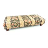 Bank stool, floral trailing & picture panel decorated upholstery, turned legs, 128cm w