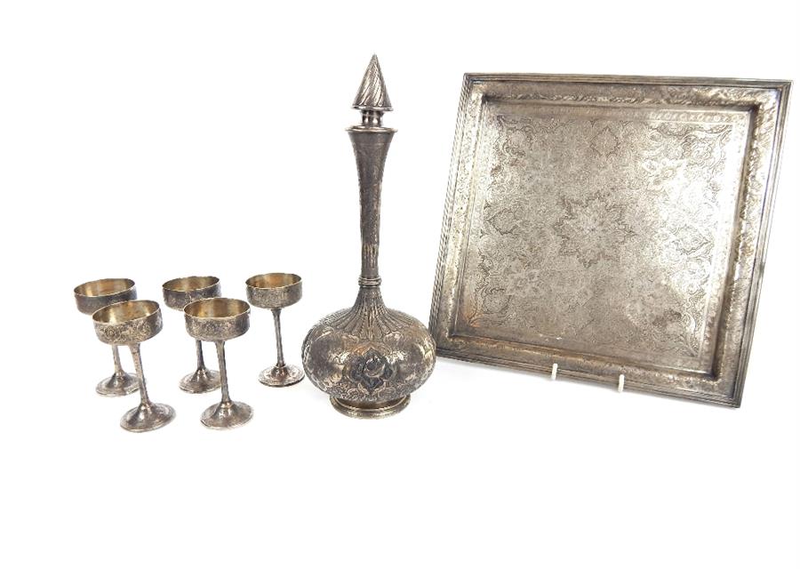 A handmade Persian silver drinking set on tray - Image 8 of 21