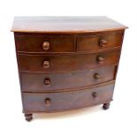 Late Georgian bowfront chest of two over three graduating drawers, bun handles, beading, bun feet,