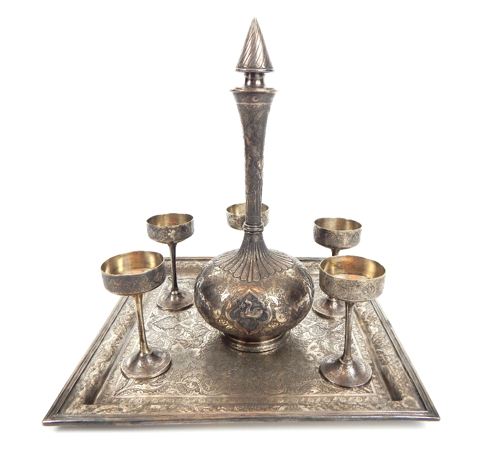 A handmade Persian silver drinking set on tray