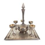 A handmade Persian silver drinking set on tray