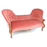 French late Napoleon III walnut frame conversation sofa, scroll arms, leaf carving, cabriole legs,