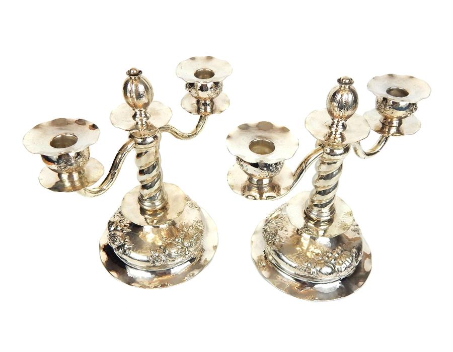 A pair of silver twin branch candelabra with pomegranate on hollow feet with repousse fruit - Image 3 of 15