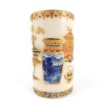 Japanese Satsuma cylindrical vase, 19thC, gilded decoration of vases, teapots, temple & food jars,