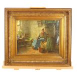 Indistinct signature, Dutch School, early 20thC, interior scene of a young mother with child in a