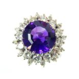 A fine 18 ct white gold, amethyst and diamond coronet cluster ring