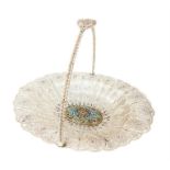 Silver filigree basket with Russian enamel panel to the centre, 27cm long, 24cm high (handle