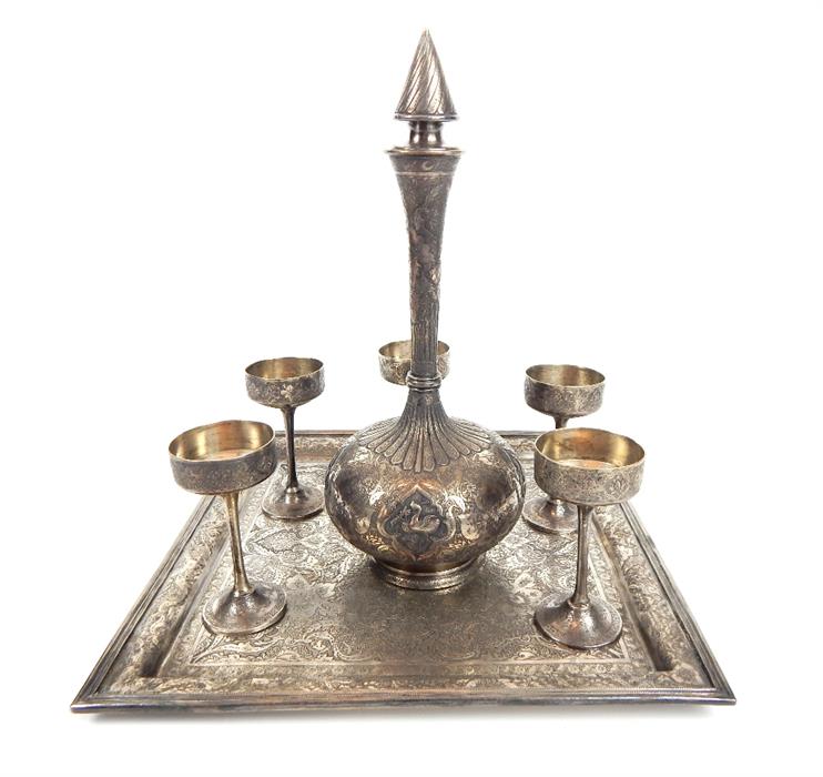 A handmade Persian silver drinking set on tray - Image 2 of 21
