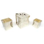 "The Cube", a silver plated cuboid piece tea set. pot 10.8cm h (3)