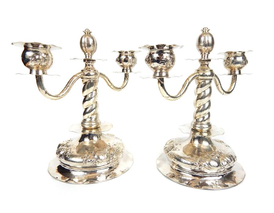 A pair of silver twin branch candelabra with pomegranate on hollow feet with repousse fruit - Image 2 of 15
